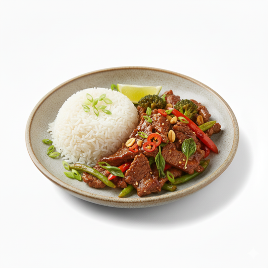 Beef with Vegetables Served with Steamed Rice